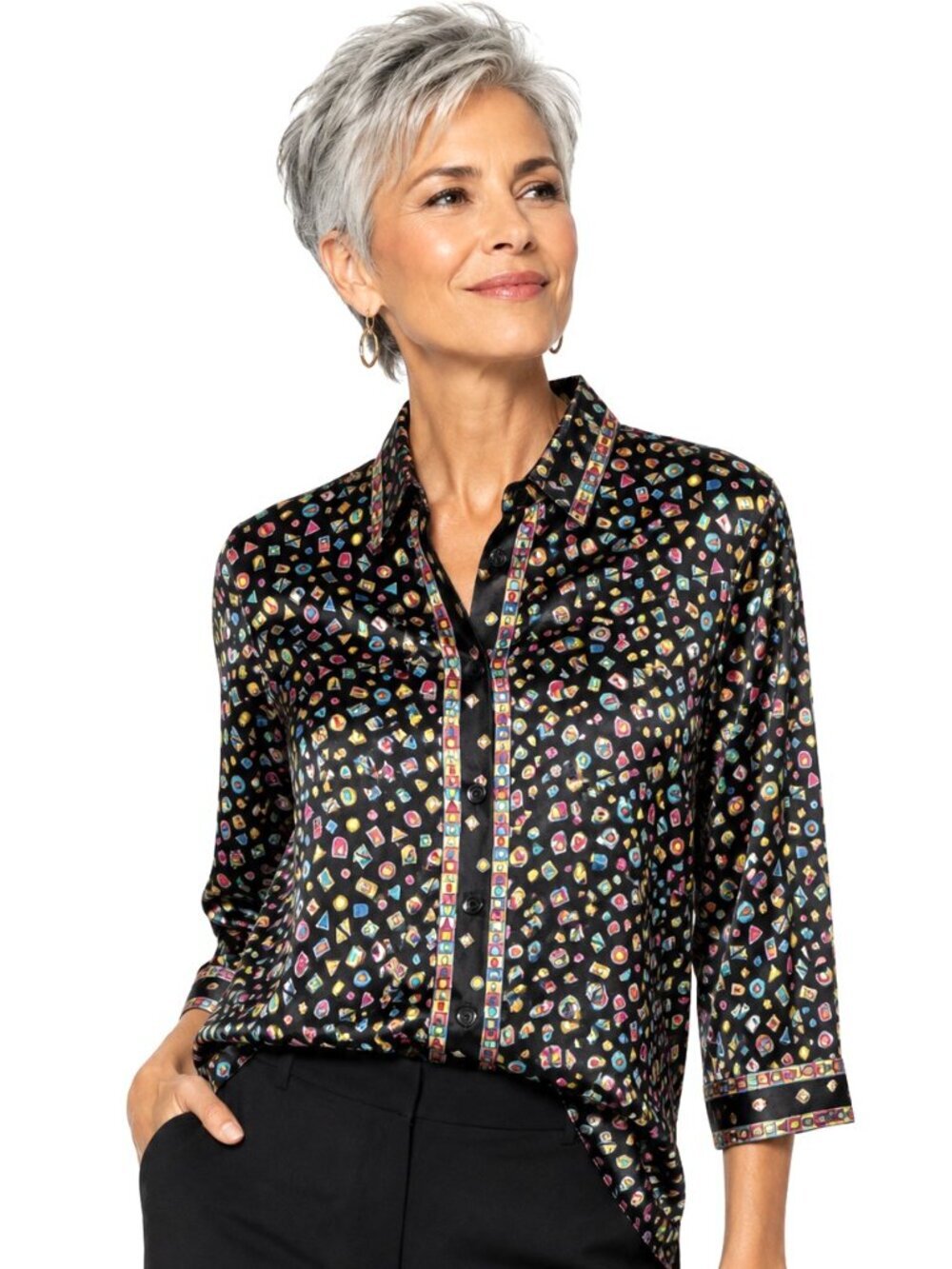 Vintage Marlis Black Multicolor Geometric Print Satin Blouse